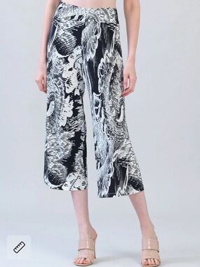 Clara Sun Woo Wide-Leg Printed Stretch Crop Pants - Navy & White XL EUC